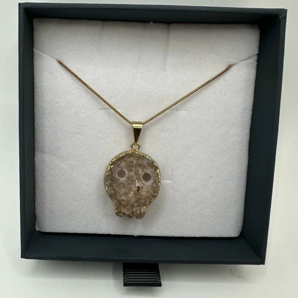 Druzy Amethyst Skull Pendant on Stainless Steel Snake Chain